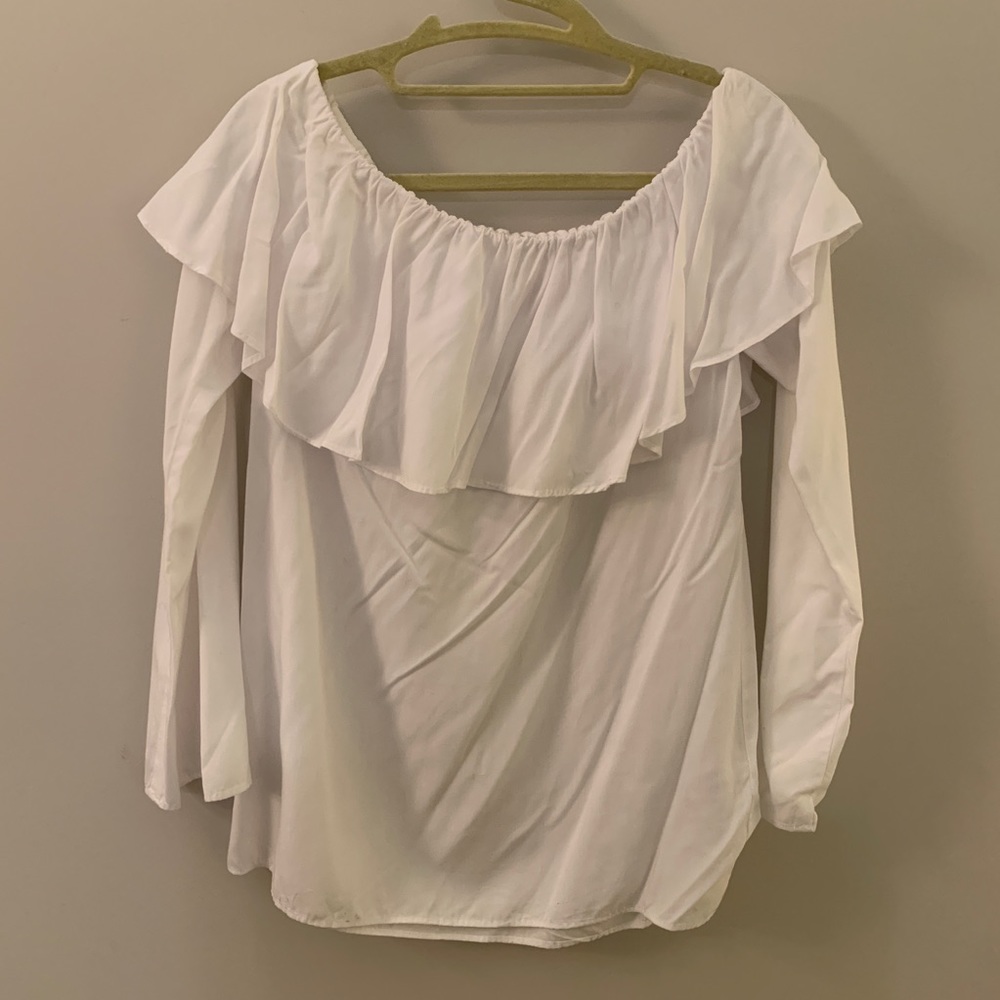 White, Long Sleeve, Off the Shoulder, Ruffle Top